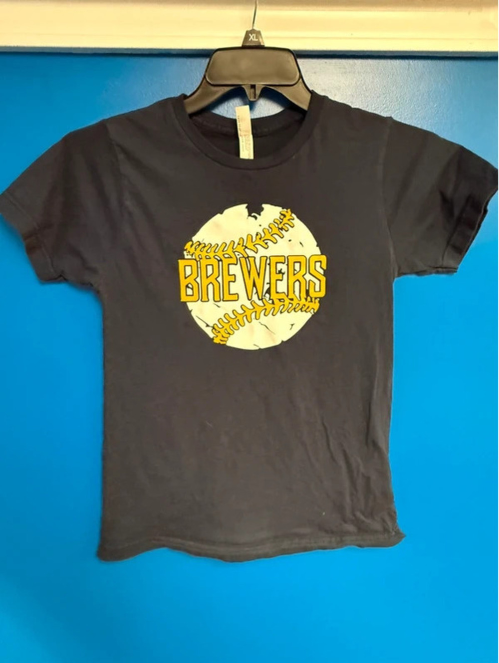 Milwaukee Brewers Graphic T-Shirt Youth L Dark Navy Blue "Stitch 3" Back